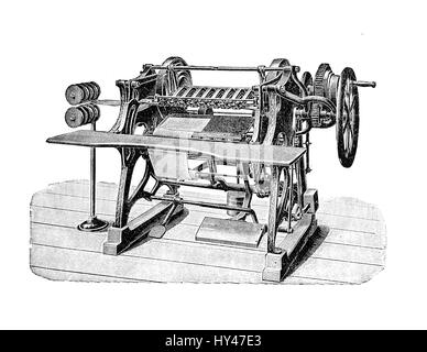 La rilegatura a filo alla macchina di assemblaggio un libro per la stampa di produzione, XIX secolo illustrazione Foto Stock