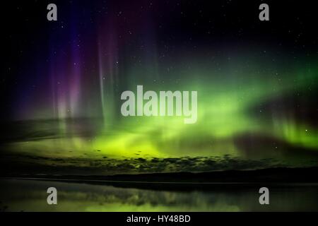 Northern Lights Aurora Boreale Saskatchewan lago di riflessione Foto Stock