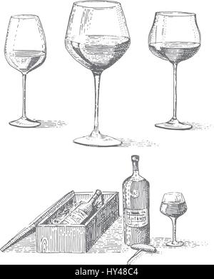 Bottiglia di vino in scatola con cavatappi e albero calici o bicchieri disegnati a mano vecchio inciso cercando illustrazione vintage in scratchboard stile tatoo Illustrazione Vettoriale