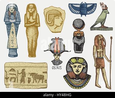 Simboli egiziano, pharaon, scorob, geroglifici e testa di Osiride, dio vintage, inciso disegnati a mano nel disegno o taglio di legno stile, vecchio cercando retrò, vettore isolato illustrazione realistica. Illustrazione Vettoriale