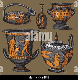 Grecia antica, antichi set anfora, vaso con scene di vita vintage, inciso disegnati a mano nel disegno o taglio di legno in stile vecchio, guardando il retro Illustrazione Vettoriale