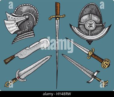 Simboli medioevali, casco e spade, coltelli vintage, inciso disegnati a mano nel disegno o taglio di legno stile, vecchio cercando retrò, vettore isolato illustrazione realistica. Illustrazione Vettoriale