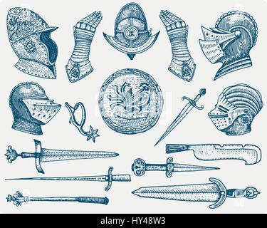 Grande set di simboli medioevali, casco e guanti e protezione con il Dragone e la spada, il coltello e il macis, sperone vintage, inciso disegnati a mano nel disegno o taglio di legno in stile vecchio, guardando il retro Illustrazione Vettoriale