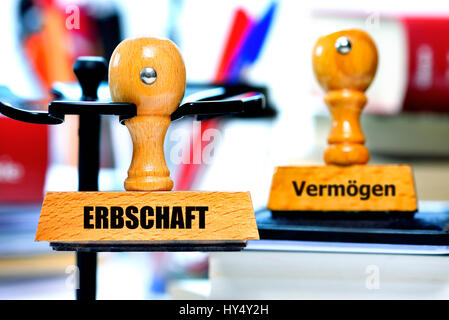 Timbro con l'etichetta di proprietà ed eredità, Stempel mit der Aufschrift Erbschaft und Vermoegen Foto Stock
