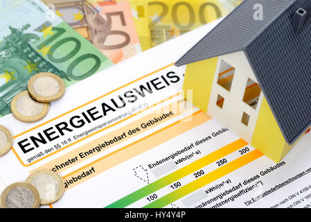 L'energia della carta d'identità, banconote e modello di casa, risparmio energetico ordine, Energieausweis, Geldscheine und Modellhaus, Energiesparverordnung Foto Stock