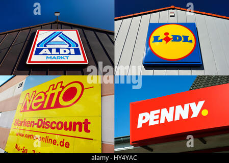 Quattro principali prodotti alimentari tedeschi di sconto negozi Aldi e Lidl, Net e penny, Die vier groe?dieci deutschen Lebensmitteldiscounter Aldi, Netto und Penny Foto Stock