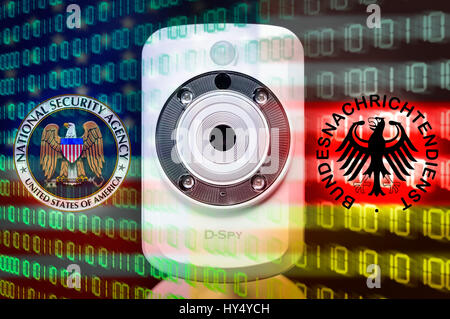 La webcam e il segno della Federal Intelligence Service e NSA, simbolico photo Federale Servizio di Intelligence scandalo, Webcam und Zeichen von BND und NSA, Symb Foto Stock