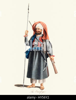 Vintage incisione a colori da 1819 mostra un Eusofzyes guerriero afgano Foto Stock