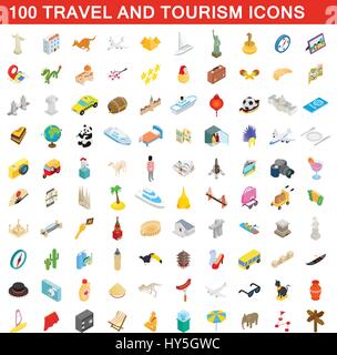 100 viaggi e turismo set di icone, stile isometrico Illustrazione Vettoriale