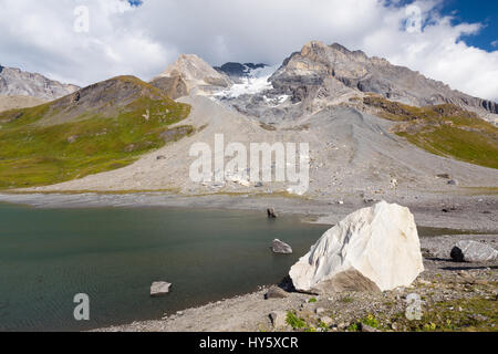 Lago lungo lago alpino. Parc National de la Vanoise. La montagna Grande casse. Francia. Europa. Foto Stock