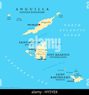 Anguilla, Saint-Martin, Sint Maarten e Saint Barthelemy mappa politico. Isole dei Caraibi, parte delle Isole Sottovento e Piccole Antille. Foto Stock