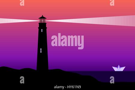 Faro e una carta in barca al tramonto. Illuminare la strada, faro orientabile,ardita concezione.faro di navigazione basandosi su una spiaggia in roccia la notte. Illustrazione Vettoriale