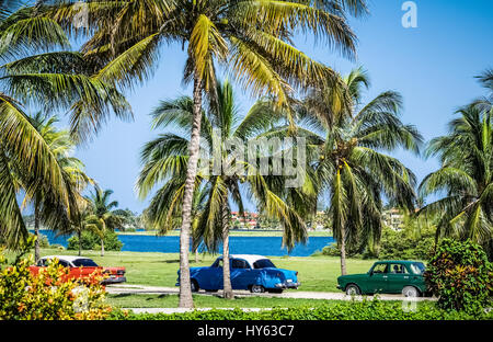 HDR - American vintage auto parcheggiata sotto le palme vicino alla spiaggia di Varadero Cuba - Serie Cuba Reportage Foto Stock