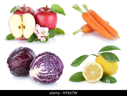 Frutta e verdura raccolta apple carote carota frutta fresca isolato su uno sfondo bianco Foto Stock