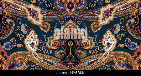 Tradizionale modello di Paisley. Abstract geometrico ornamento orientali. Colori brillanti su verde smeraldo di sfondo. Il design tessile. Illustrazione Vettoriale