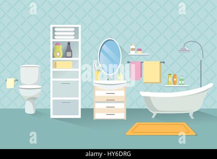 Bagno interno. stanza da bagno e set di mobili. Illustrazione Vettoriale