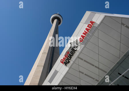 Ampio angolo di visione di Rypley's acquario del Canada e Toronto CN Tower, centro di Toronto, Ontario, Canada. Foto Stock