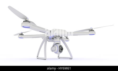 Drone, quadrocopter, con fotocamera foto volare nel cielo blu. Il rendering 3D Foto Stock