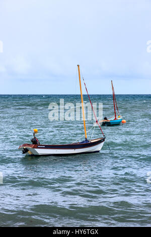 Due derive ormeggiati ad una boa arancione in mare presso Ringstead Bay, Dorset, England, Regno Unito Foto Stock