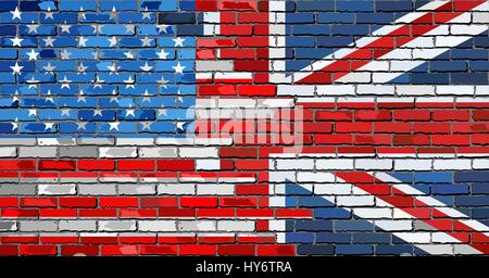 Muro di mattoni USA e UK flags - Illustrazione, misti bandiere degli Stati Uniti e il Regno Unito, Inglese e bandiera americana Illustrazione Vettoriale