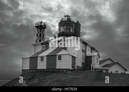 Cape Bonavista faro BW con nuvole, Terranova Foto Stock