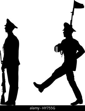 Set nero silhouette soldato è in marcia con bracci su parade Illustrazione Vettoriale