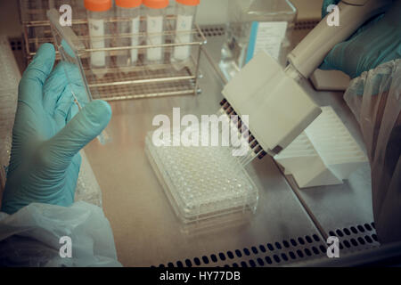 Tecnico di laboratorio lavora con pipetta multipozzetto, soft focus Foto Stock