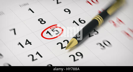 Nero con penna a sfera su un calendario e giorno 15 cerchiato. 3d illustrazione Foto Stock