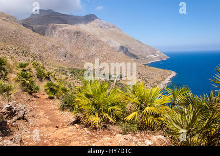 Percorso e piccole palme con baren mountins incontaminate e mare blu italiano nella riserva naturale "Riserva dello Zingaro' in Sicilia, Italia. Foto Stock