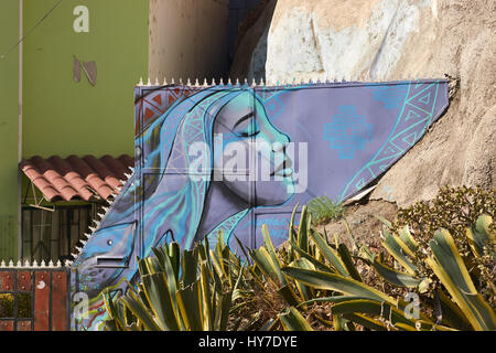 Murale colorato decorare le strade del Patrimonio Mondiale UNESCO area della città portuale di Valparaiso in Cile Foto Stock