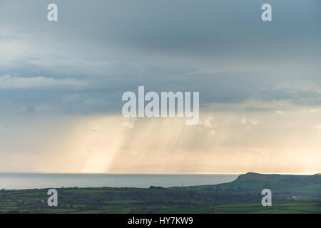 Eggardon collina vicino a Dorchester Dorset, Regno Unito. Il 1 aprile 2017. Sunrise dallo storico antico colle fort di Eggardon Hill nel West Dorset. © Dan Tucker/Alamy Live News Foto Stock