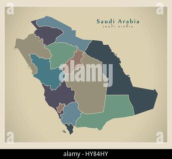 Mappa moderno - Arabia Saudita con regioni SA colorati Illustrazione Vettoriale