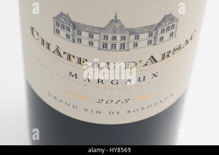 Etichetta del vino di una bottiglia di Chateau d'Arsac, Margaux.Medoc a Bordeaux Foto Stock