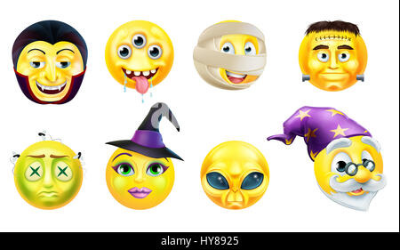 Un set di Halloween holiday emoticon o icone emoji Foto Stock