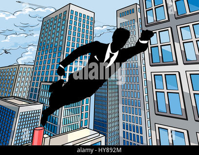 Un supereroe uomo d affari volare attraverso l'aria al di sopra di una scena cittadina Foto Stock