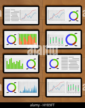 Serie del grafico e le immagini su compresse. Relazione statistica ed infografico presentazione. Illustrazione Vettoriale Foto Stock