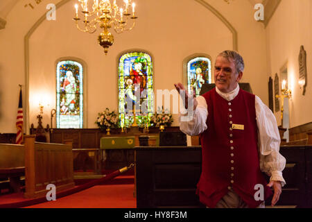 Richmond, Virginia. Storia viva guida turistica a San Giovanni Chiesa Episcopale, sito di Patrick Henry's Liberty o morte! parlato. Foto Stock