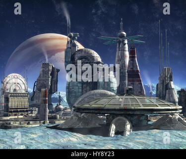 Verso la luna di Giove colony 3D render science fiction illustrazione Foto Stock