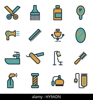 Vettore barbiere piatto set di icone su sfondo bianco Illustrazione Vettoriale