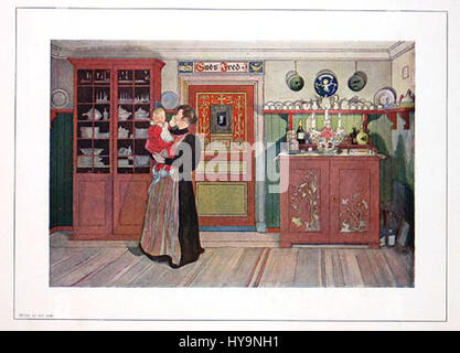 Il dipinto di Carl Larsson 'Ett HEM' (Una casa) del 1899 raffigura una tranquilla scena interna piena di luce e calore, catturando la visione idealizzata dell'artista svedese della vita familiare e della tranquillità domestica. Il lavoro di Larsson riflette il suo impegno nel ritrarre il rapporto armonioso tra arte, natura e ambiente domestico. Foto Stock
