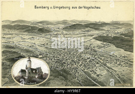 "Felle Bamberg und Umgebung aus der Vogelschau" è una storica vista aerea della zona di Bamberga in Germania. Questa incisione del XVIII secolo offre una rappresentazione dettagliata dei paesaggi della regione, tra cui la sua architettura e i suoi dintorni naturali. Foto Stock
