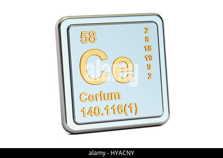 Il cerio Ce, elemento chimico segno. 3D rendering isolati su sfondo bianco Foto Stock