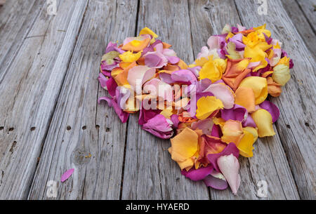 Petali di rosa a forma di cuore nei colori di un tramonto, compresi arancione, giallo, rosa e viola Foto Stock