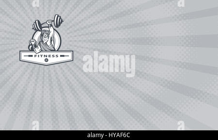 Business card mostra illustrazione di un berserker, un campione Norse warrior indossando pelt di recare il sollevamento della pelle barbell e kettlebell visto dal lato anteriore Foto Stock