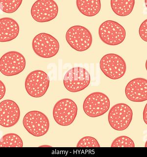 Sfondo senza giunture disegnati a mano le salsicce a fette, salsiccia per pizza, illustrazione vettoriale Illustrazione Vettoriale