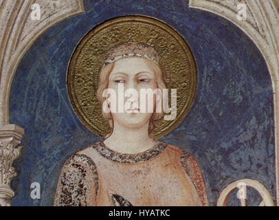 La *sta di Simone Martini. Caterina* (Santa Caterina) è un dipinto del XIV secolo che raffigura Santa Caterina d'Alessandria. Nota per la sua eleganza e l'uso del colore, l'opera riflette la maestria della pittura gotica di Martini. La rappresentazione enfatizza sia la bellezza che la forza del santo, mettendo in evidenza la capacità di Martini di fondere temi devozionali con la raffinatezza artistica. Foto Stock