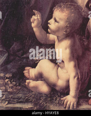 Un dettaglio tratto dalla "Vergine delle rocce" di Leonardo da Vinci rivela la complessità del suo uso della luce e dell'ombra, catturando le serene espressioni della Vergine Maria e del Cristo bambino. Foto Stock