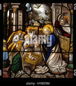 Una vetrata del XVI secolo raffigurante la Natività dell'Abbazia di Mariawald, creata da Everhard Rensig o Gerhard Remisch tra il 1522 e il 1526. Foto Stock