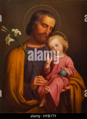 'Heiliger Joseph mit Jesusknabe' un dipinto ad olio del 1848 dell'artista austriaco Caspar Jele, raffigurante San Giuseppe con il bambino. Questo lavoro è tra le opere religiose più importanti di Jele. Foto Stock