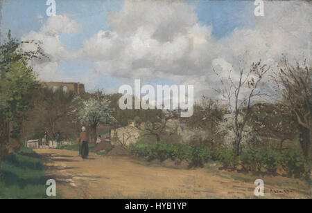 La "Vista da Louveciennes" di Camille Pissarro raffigura la campagna vicino a Parigi, concentrandosi sull'interazione di luce e paesaggio tipico del movimento impressionista. Il pezzo fa parte della collezione della National Gallery di Londra. Foto Stock